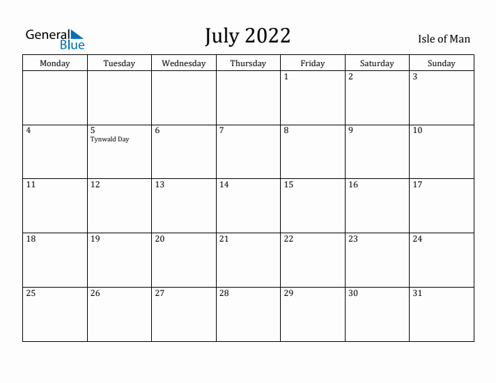 July 2022 Calendar Isle of Man