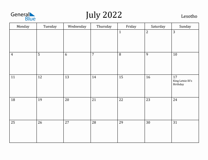 July 2022 Calendar Lesotho