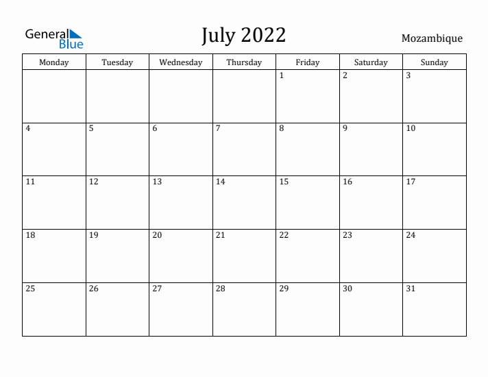 July 2022 Calendar Mozambique