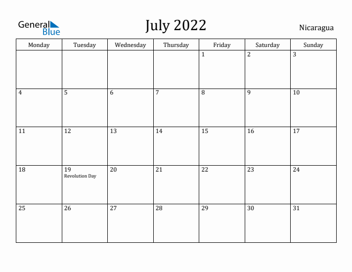 July 2022 Calendar Nicaragua