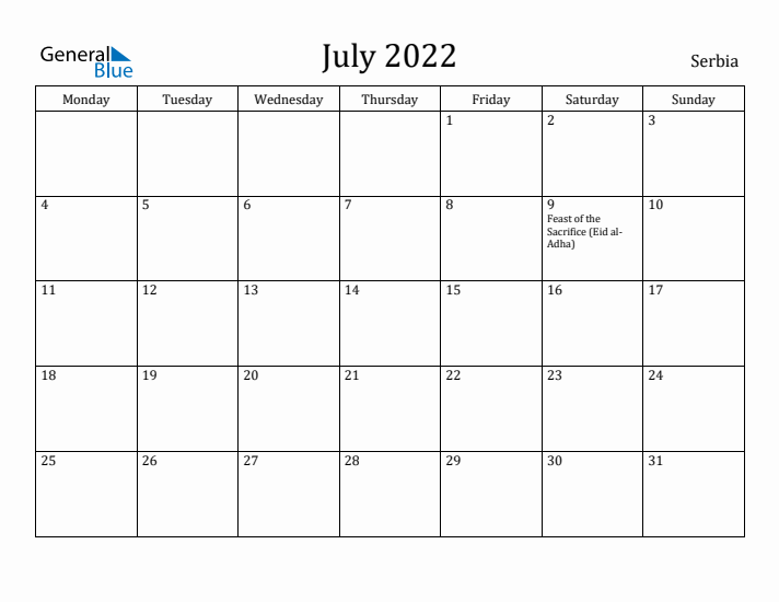 July 2022 Calendar Serbia