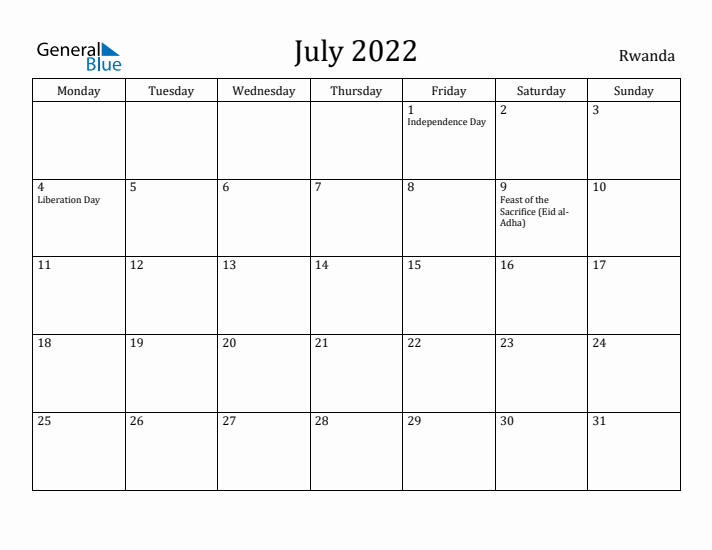 July 2022 Calendar Rwanda