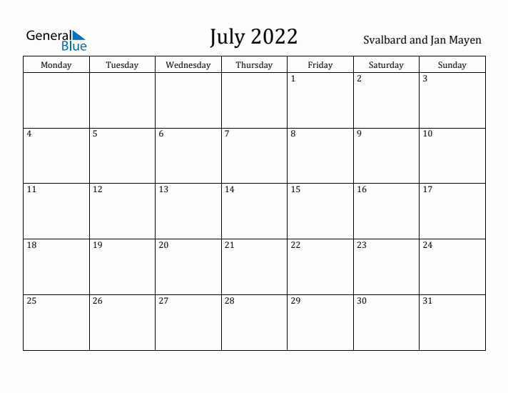 July 2022 Calendar Svalbard and Jan Mayen