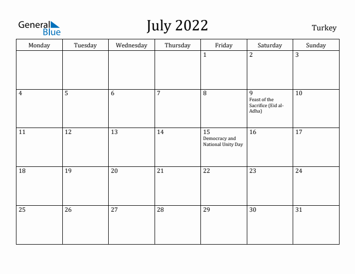 July 2022 Calendar Turkey