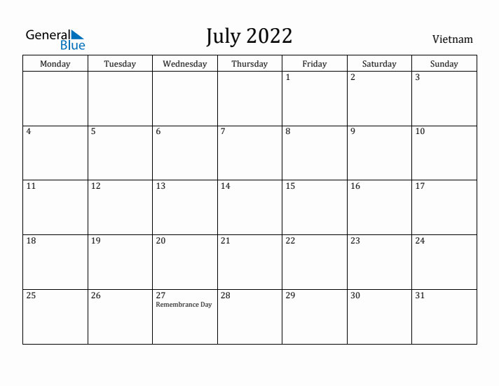 July 2022 Calendar Vietnam