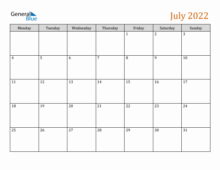 Editable July 2022 Calendar