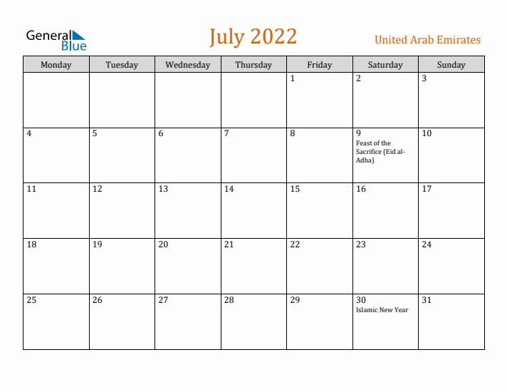 July 2022 Holiday Calendar with Monday Start