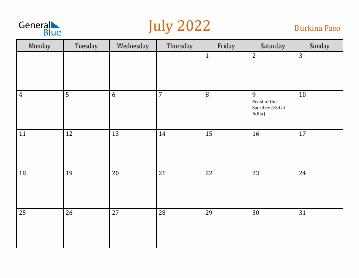 July 2022 Holiday Calendar with Monday Start