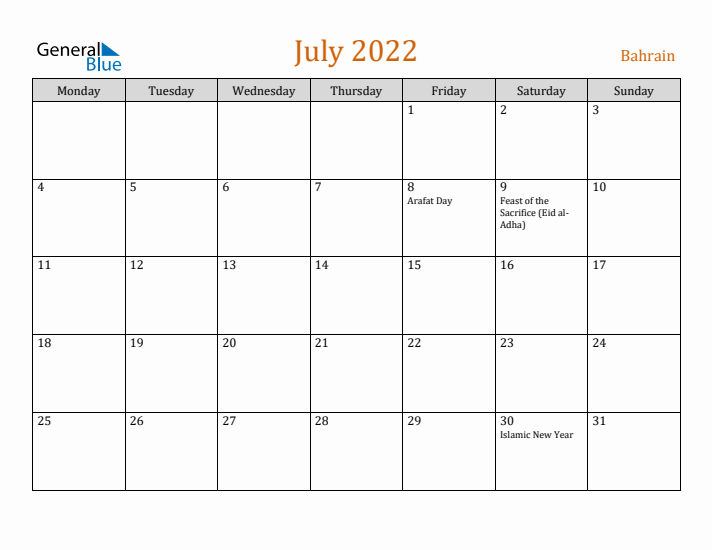 July 2022 Holiday Calendar with Monday Start