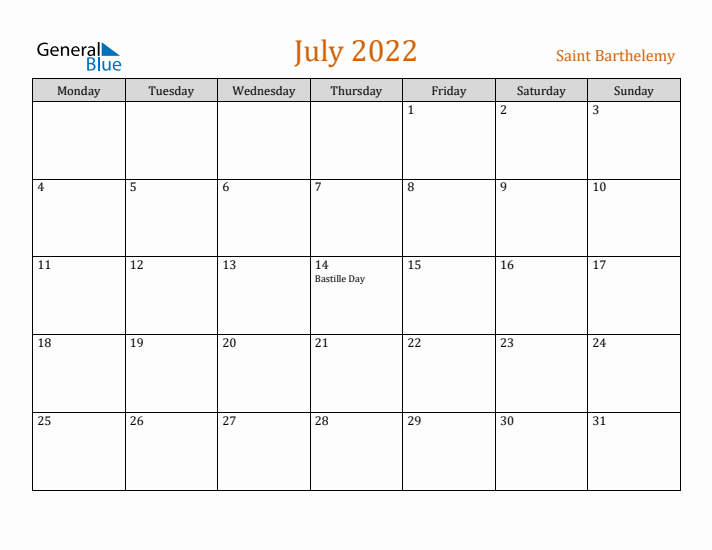 July 2022 Holiday Calendar with Monday Start