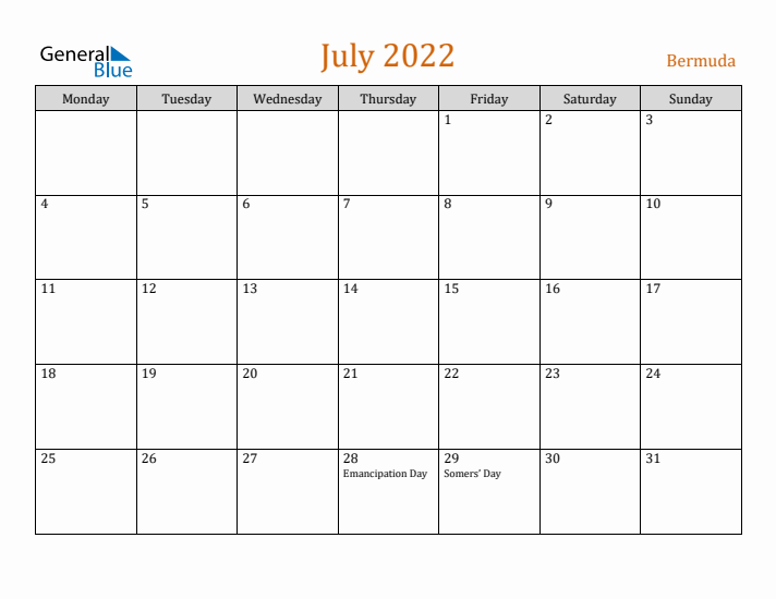 July 2022 Holiday Calendar with Monday Start