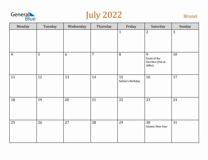 July 2022 Holiday Calendar with Monday Start