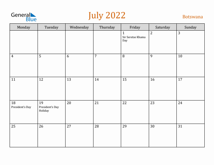 July 2022 Holiday Calendar with Monday Start