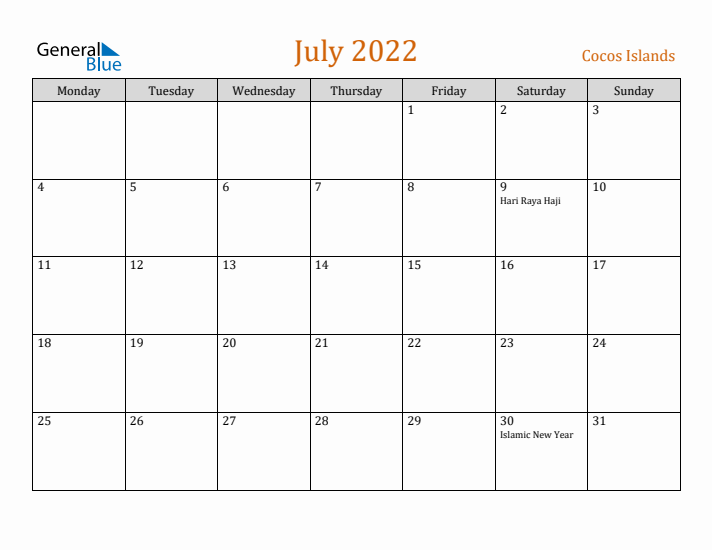 July 2022 Holiday Calendar with Monday Start