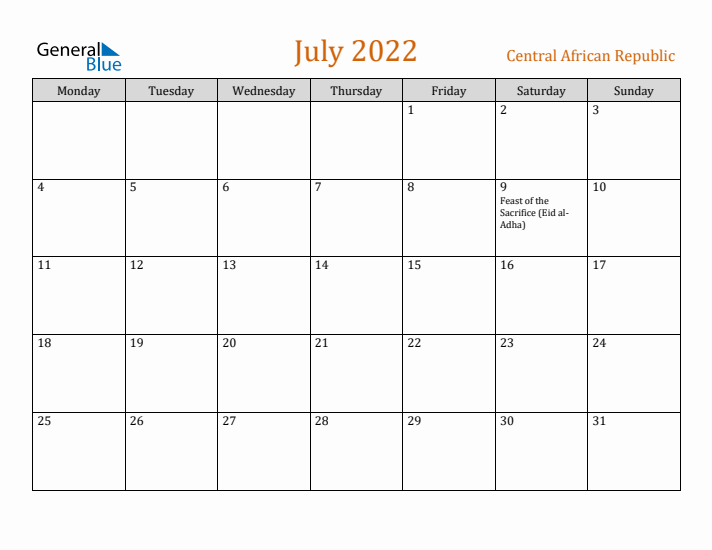 July 2022 Holiday Calendar with Monday Start