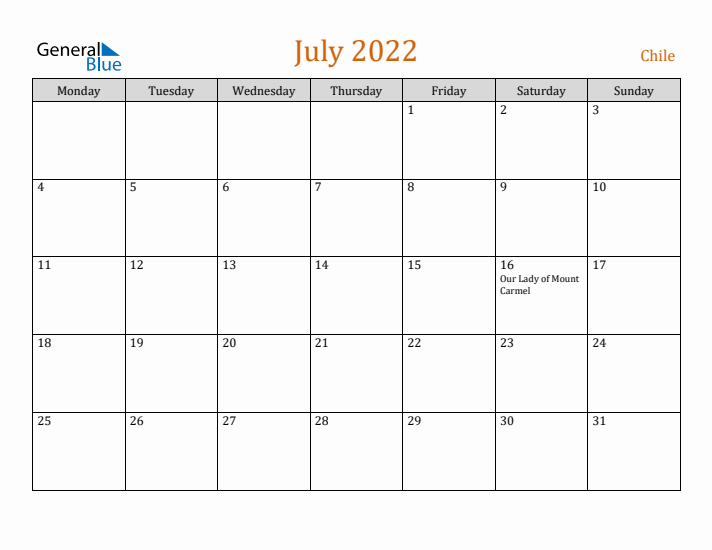 July 2022 Holiday Calendar with Monday Start