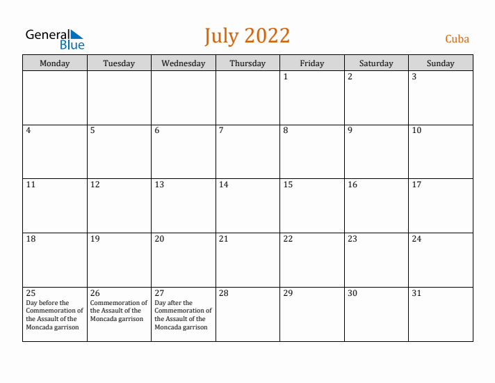 July 2022 Holiday Calendar with Monday Start