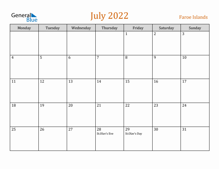 July 2022 Holiday Calendar with Monday Start