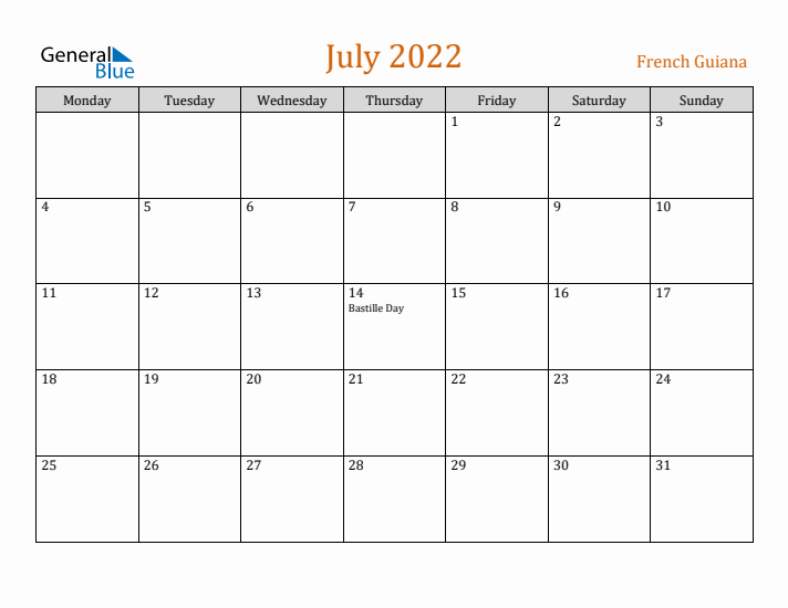 July 2022 Holiday Calendar with Monday Start