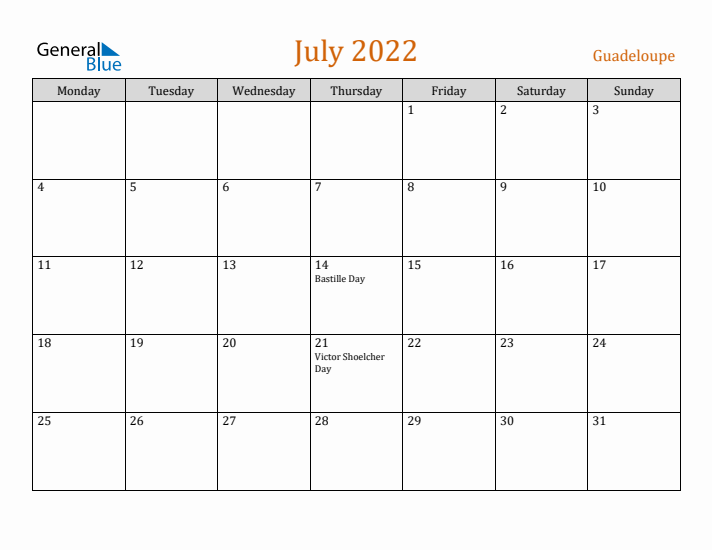 July 2022 Holiday Calendar with Monday Start