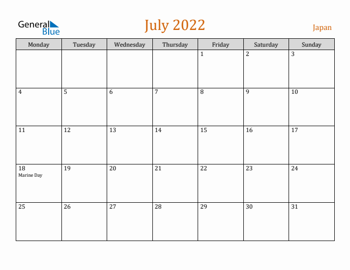 July 2022 Holiday Calendar with Monday Start