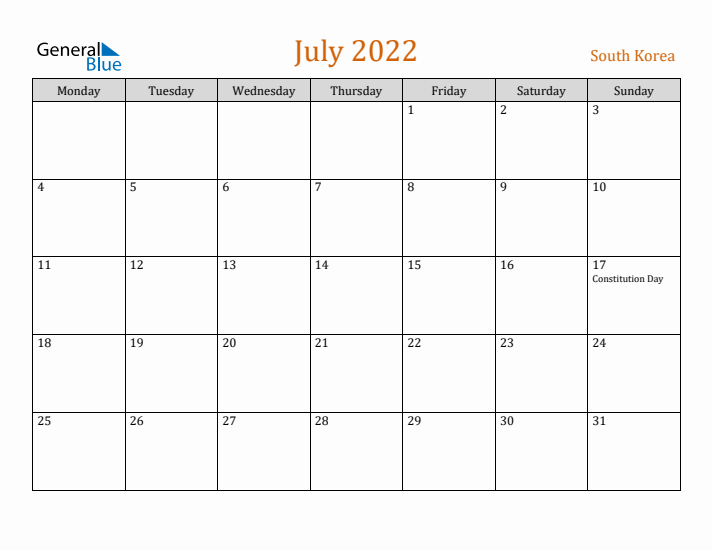 July 2022 Holiday Calendar with Monday Start