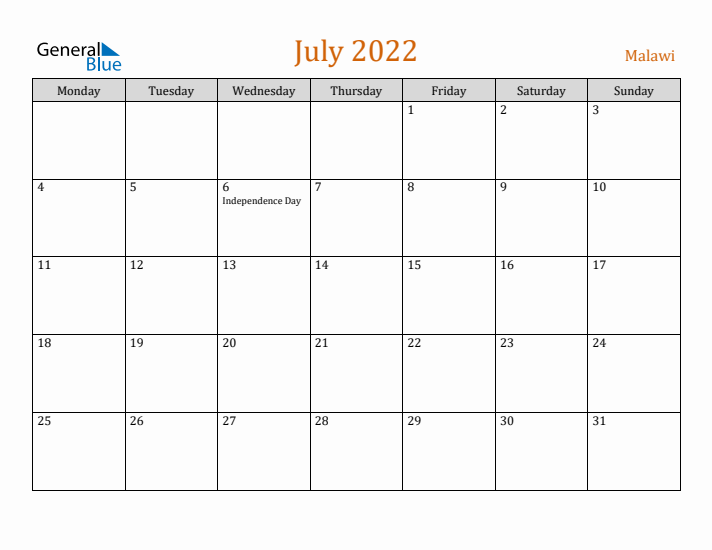 July 2022 Holiday Calendar with Monday Start