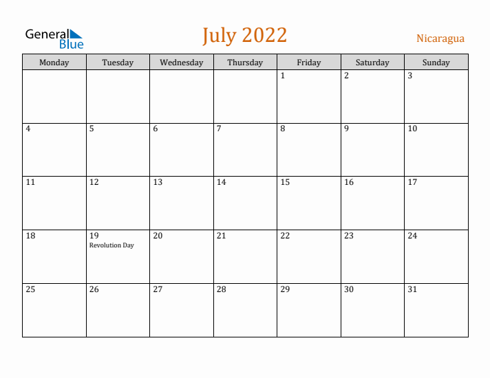 July 2022 Holiday Calendar with Monday Start