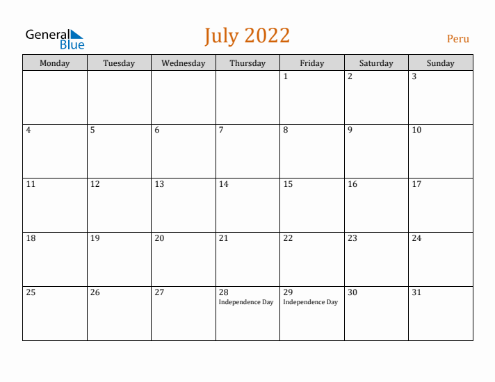 July 2022 Holiday Calendar with Monday Start