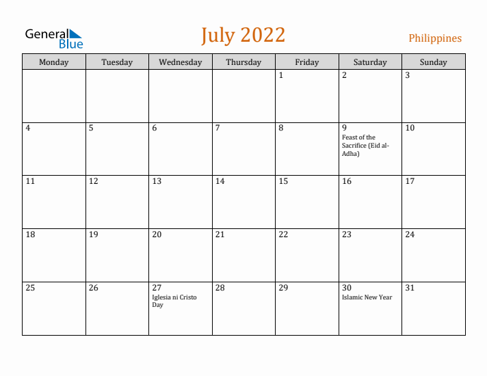 July 2022 Holiday Calendar with Monday Start