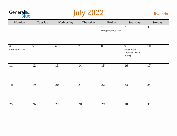 July 2022 Holiday Calendar with Monday Start