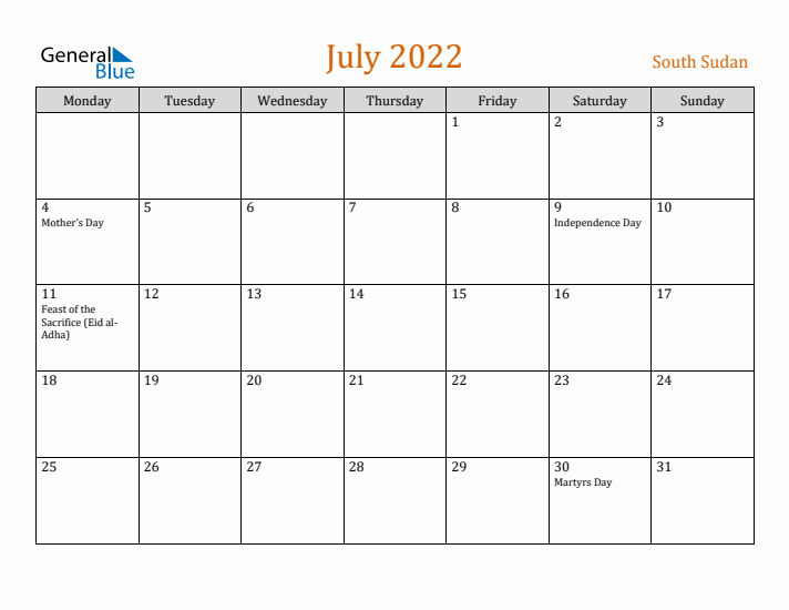 July 2022 Holiday Calendar with Monday Start