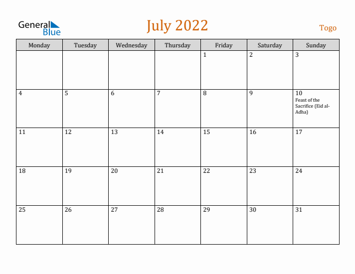 July 2022 Holiday Calendar with Monday Start