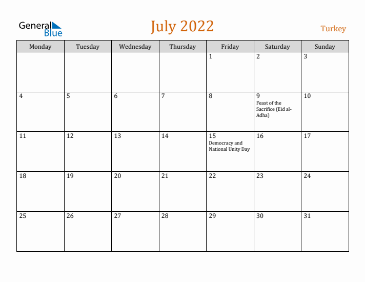 July 2022 Holiday Calendar with Monday Start