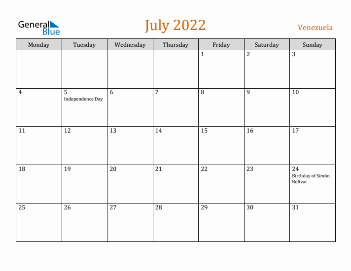 July 2022 Holiday Calendar with Monday Start