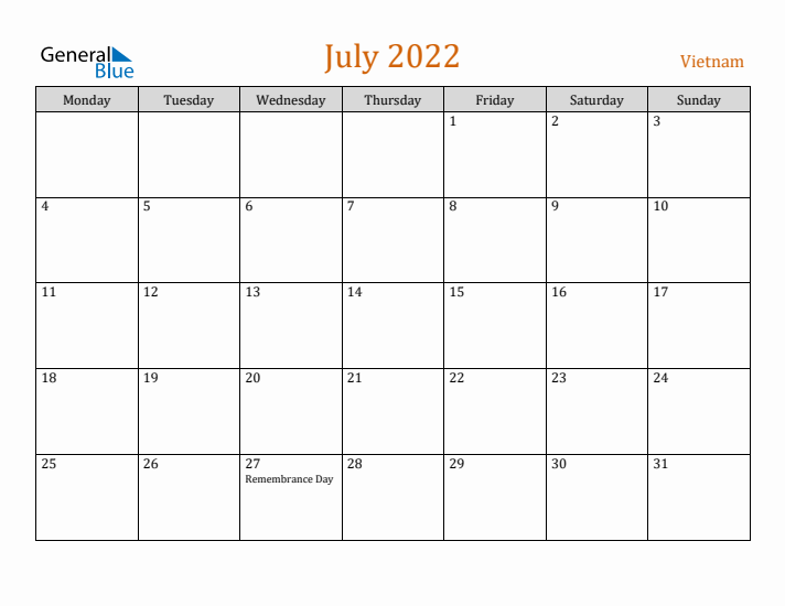 July 2022 Holiday Calendar with Monday Start