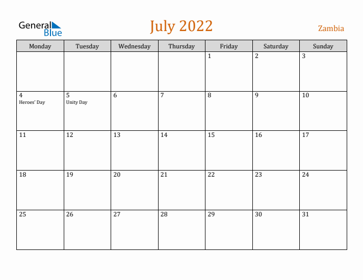 July 2022 Holiday Calendar with Monday Start