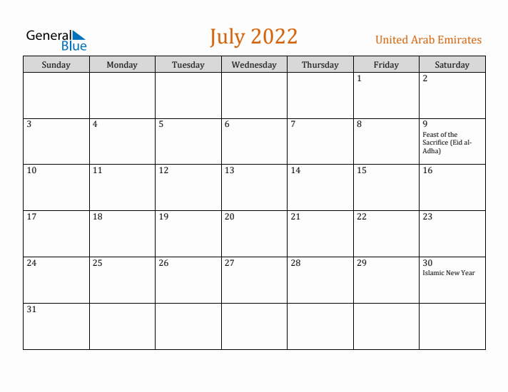 July 2022 Holiday Calendar with Sunday Start