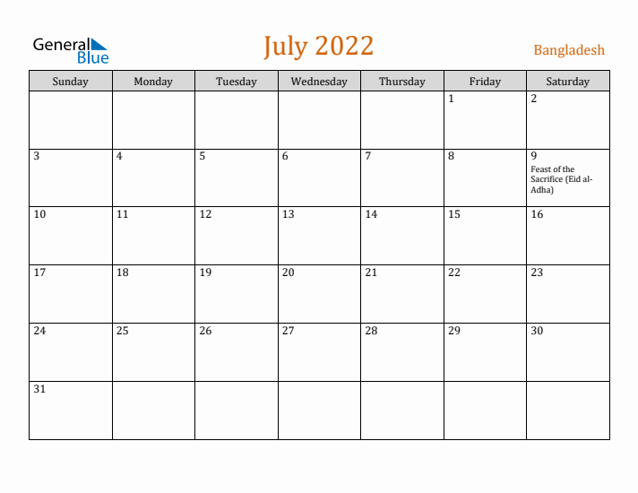 July 2022 Holiday Calendar with Sunday Start