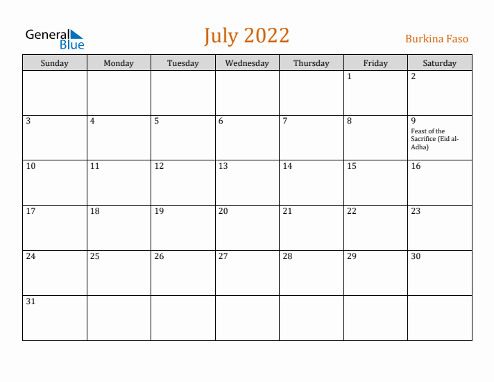 July 2022 Holiday Calendar with Sunday Start