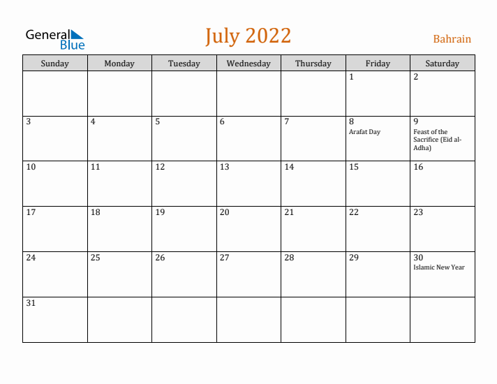 July 2022 Holiday Calendar with Sunday Start