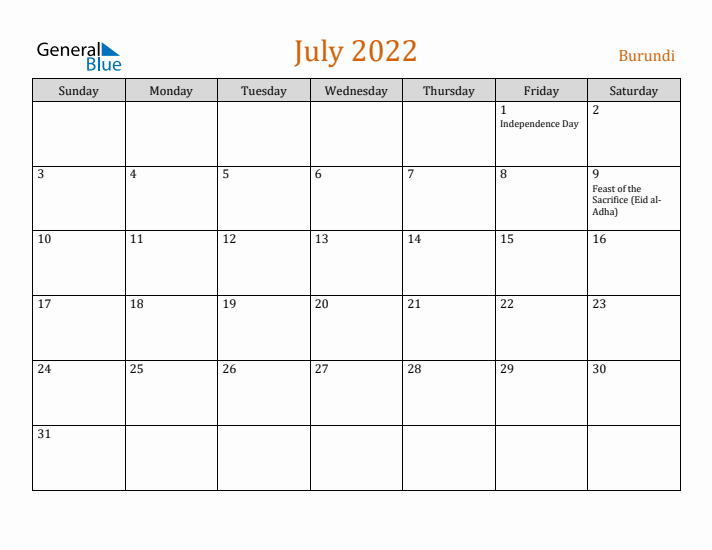 July 2022 Holiday Calendar with Sunday Start