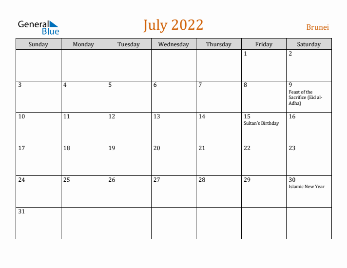 July 2022 Holiday Calendar with Sunday Start