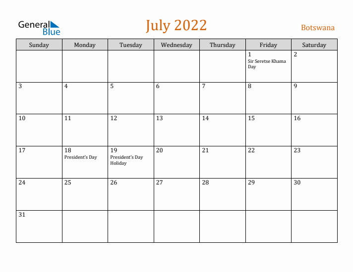 July 2022 Holiday Calendar with Sunday Start