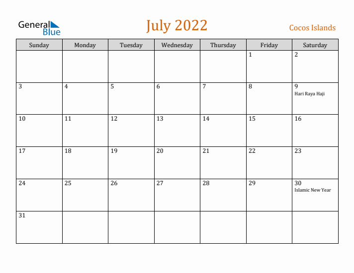 July 2022 Holiday Calendar with Sunday Start