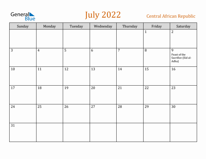 July 2022 Holiday Calendar with Sunday Start