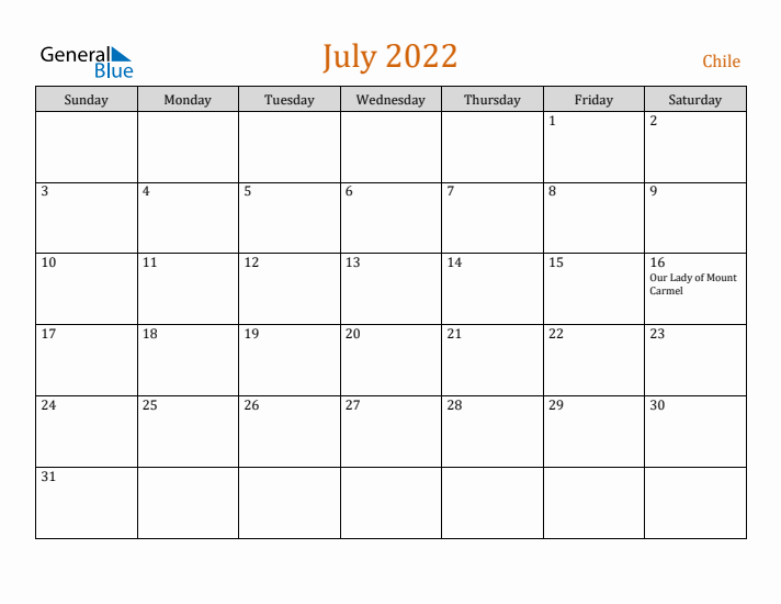 July 2022 Holiday Calendar with Sunday Start