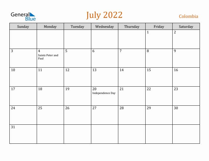 July 2022 Holiday Calendar with Sunday Start