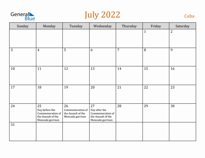 July 2022 Holiday Calendar with Sunday Start