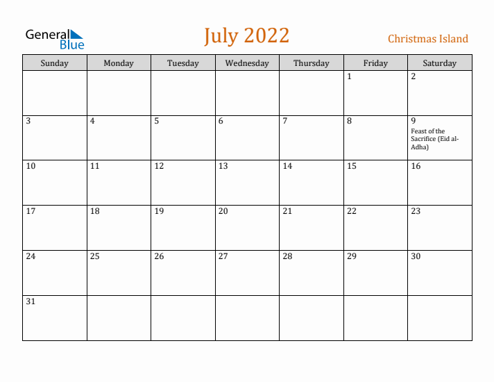 July 2022 Holiday Calendar with Sunday Start